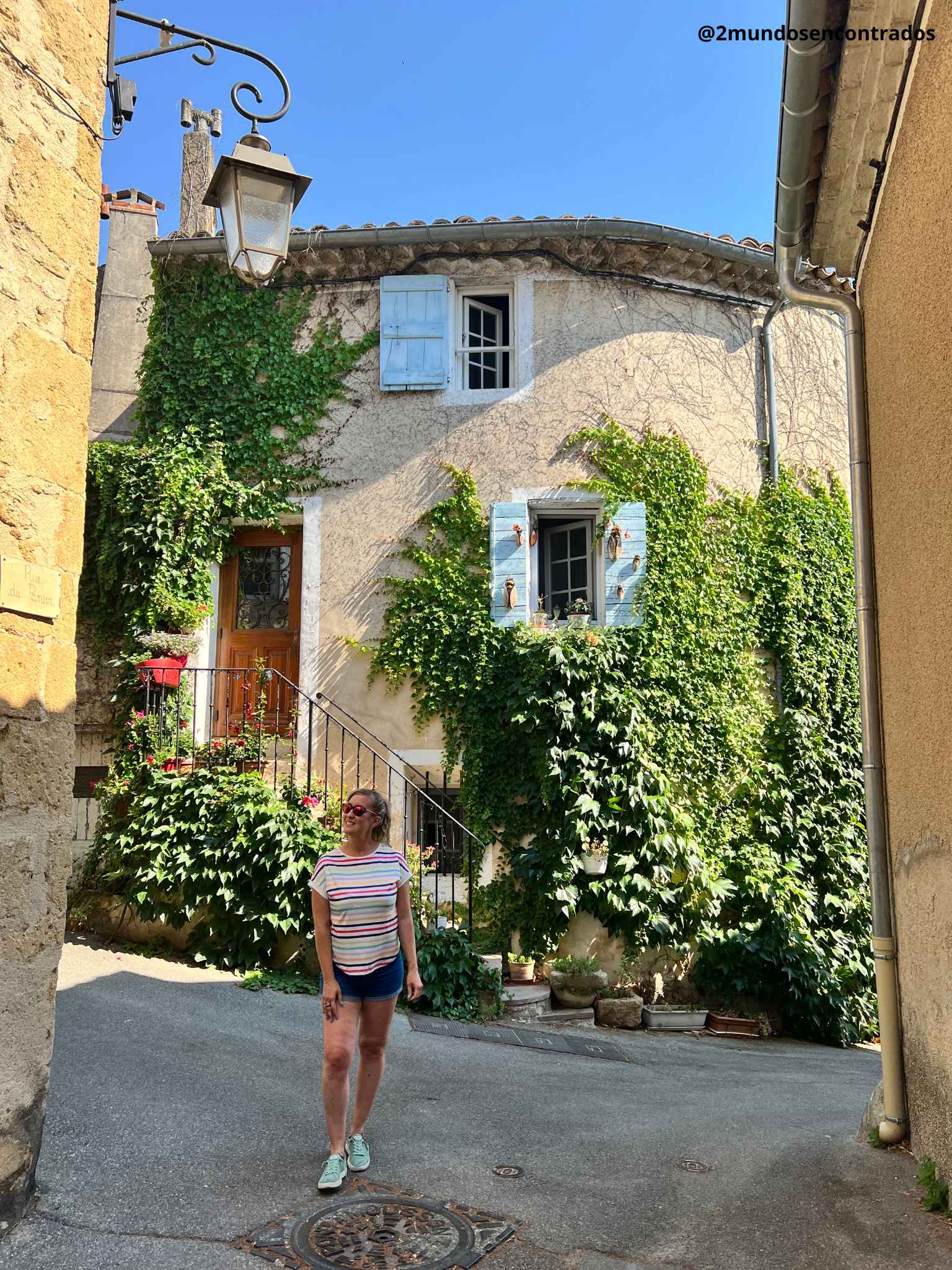 Fachada de piedra cubierta de hiedra verde con contraventanas celestes en una calle de Lourmarin.