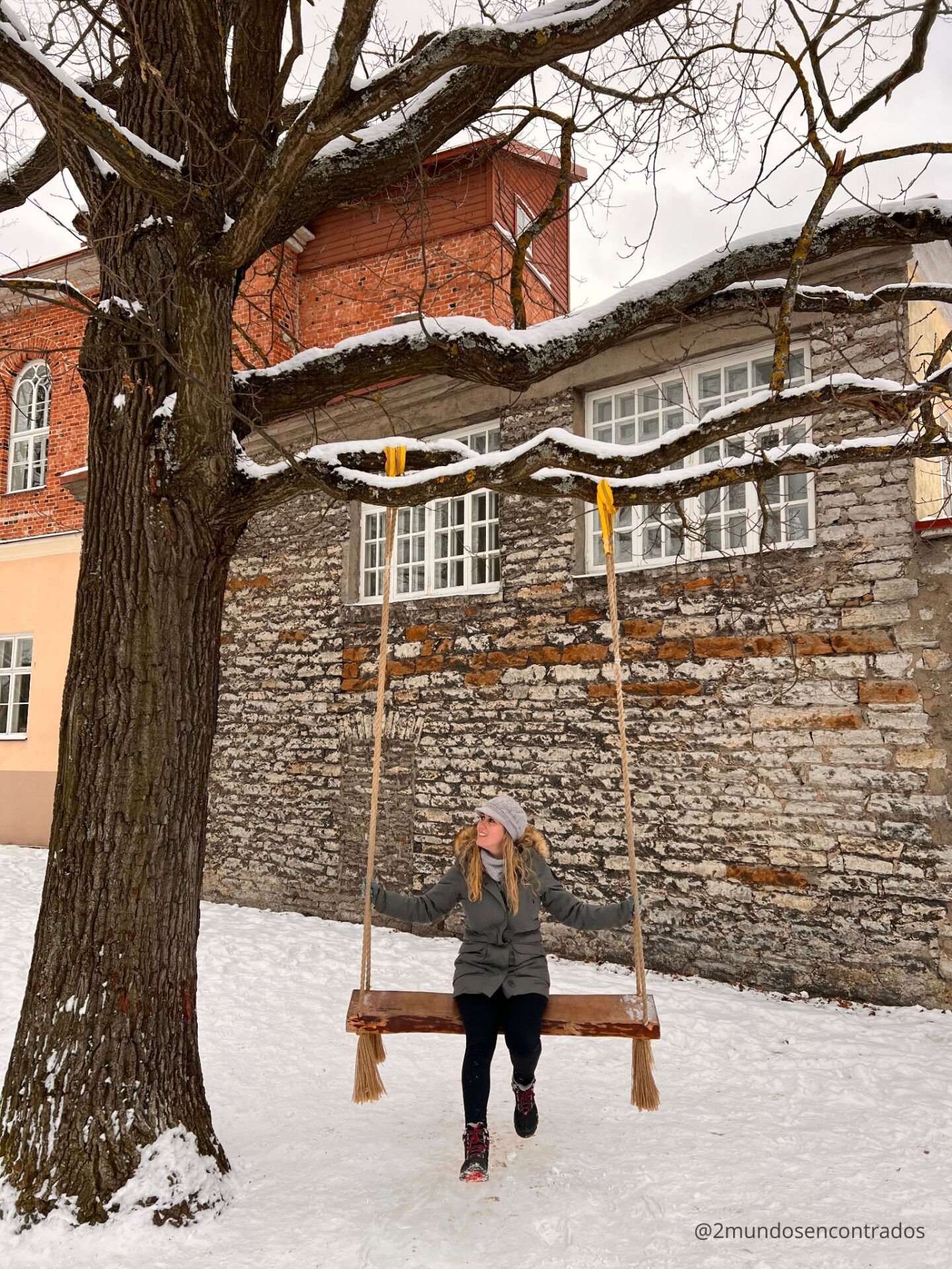 Viajera sentada en un columpio de madera bajo un árbol nevado en la Ciudad Vieja de Tallin durante el invierno.