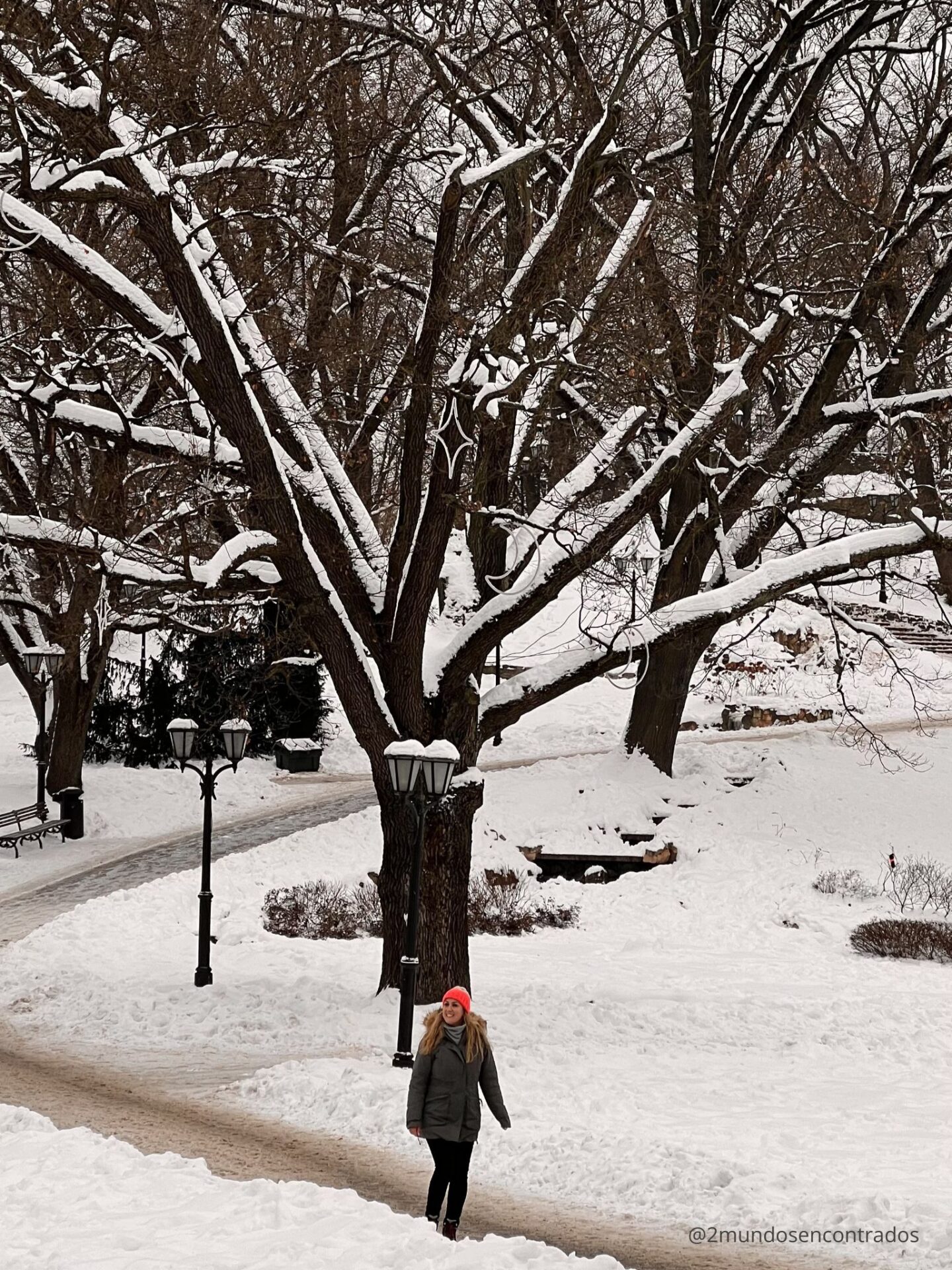 Viajera caminando por un parque cubierto de nieve en Tallin durante el invierno, rodeada de árboles desnudos y senderos nevados en Estonia.