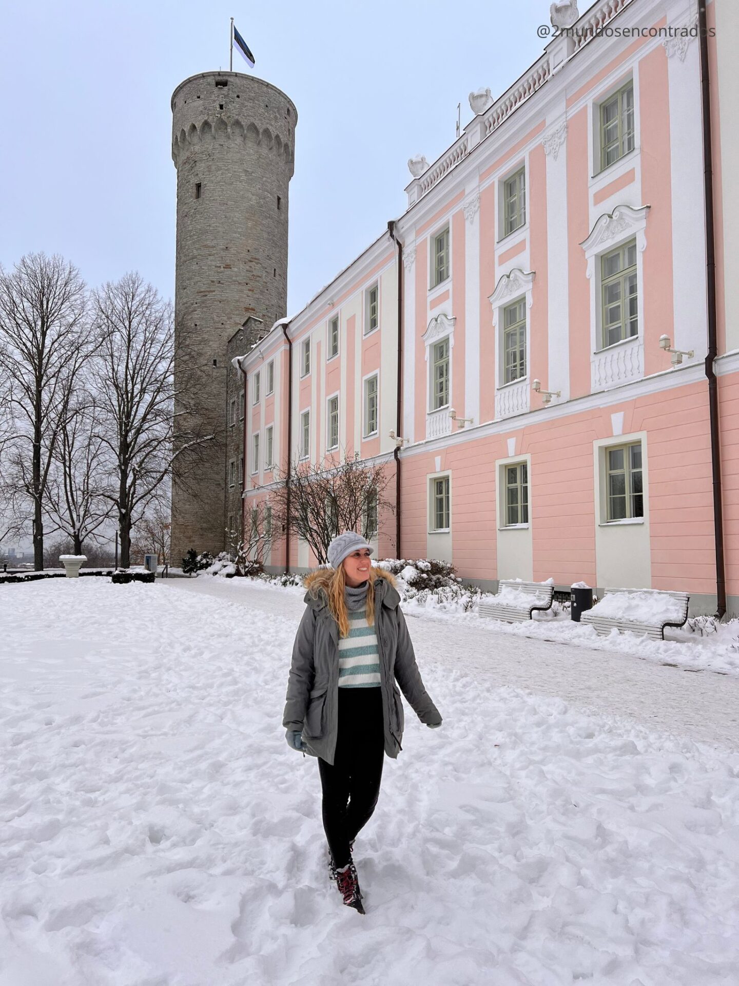 Viajera paseando por la nieve junto al Castillo de Toompea y la Torre Pikk Hermann en Tallin, Estonia