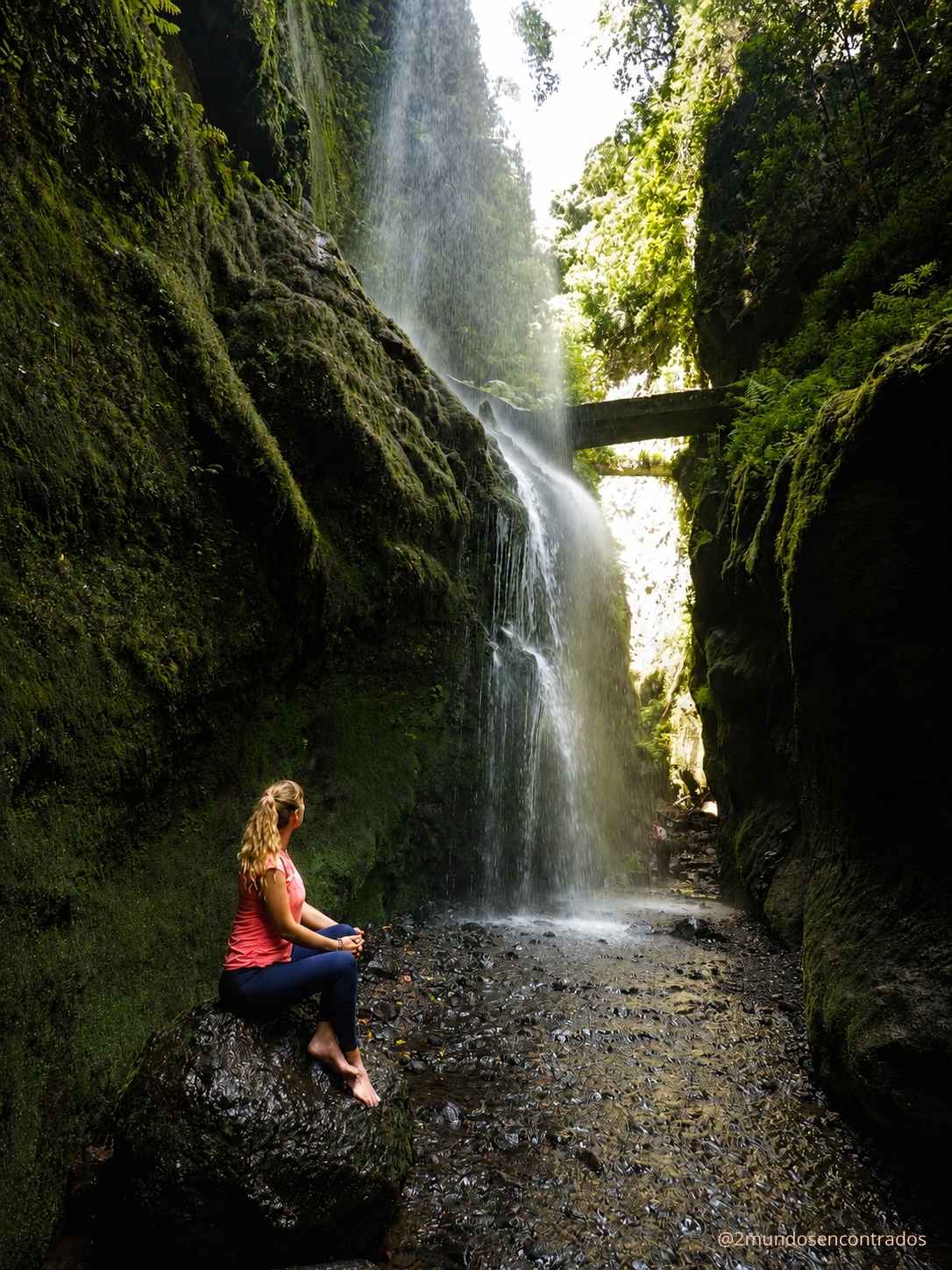 Eva sentada sobre una roca contemplando la cascada de Los Tilos en el bosque de laurisilva de La Palma.