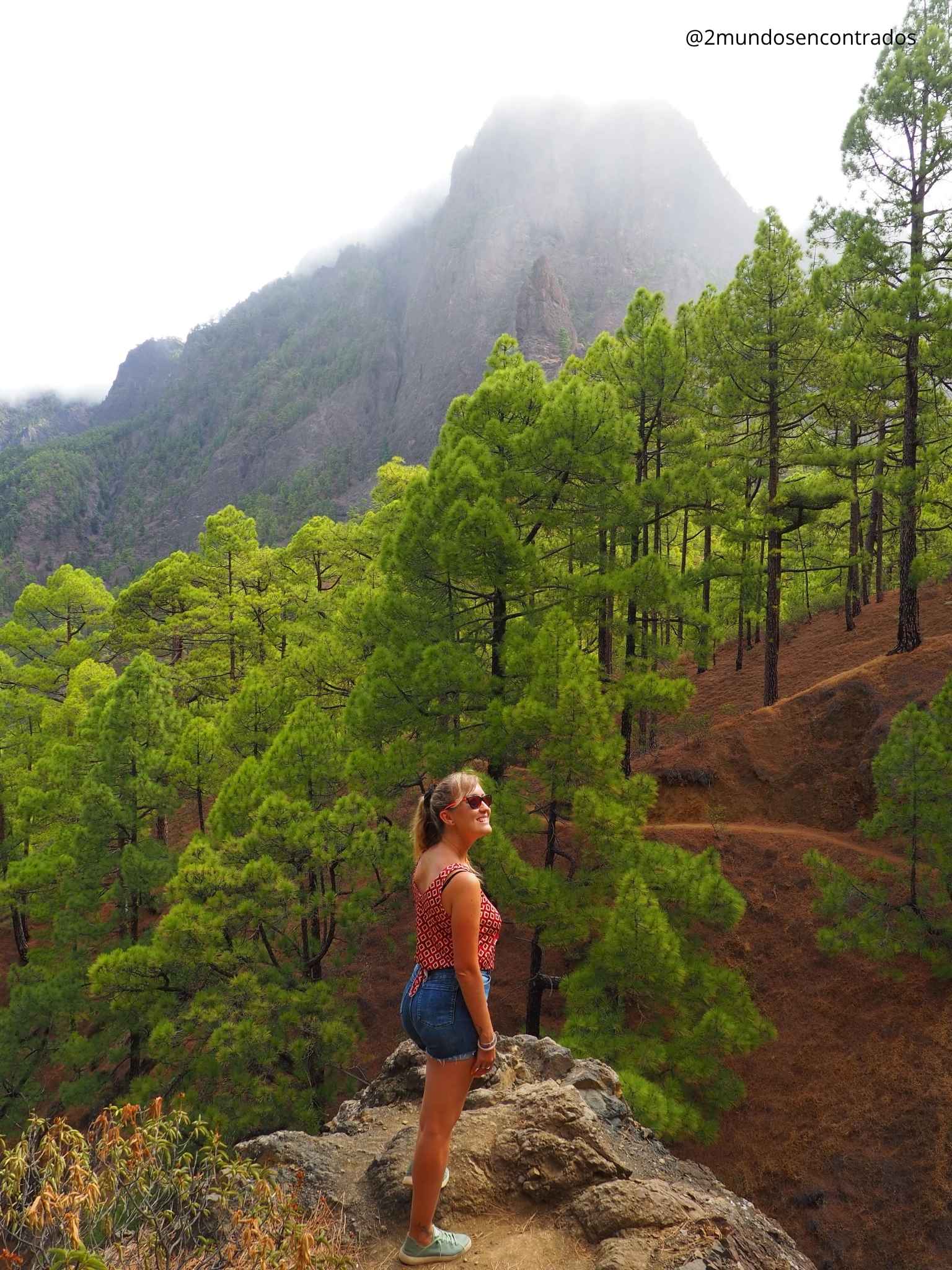 Mujer sobre una roca en un mirador con vistas a las cumbres y al bosque de pino canario en la Caldera de Taburiente.