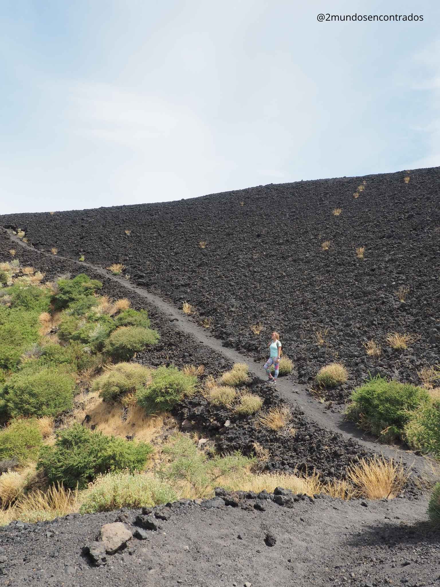 Senderista caminando por un camino marcado en la ladera de picón negro rodeado de vegetación en La Palma.